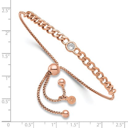 Round White Cubic Zirconia Bezel Rose Gold over Silver Curb Link Chain Adjustable Slider Bolo Bracelet