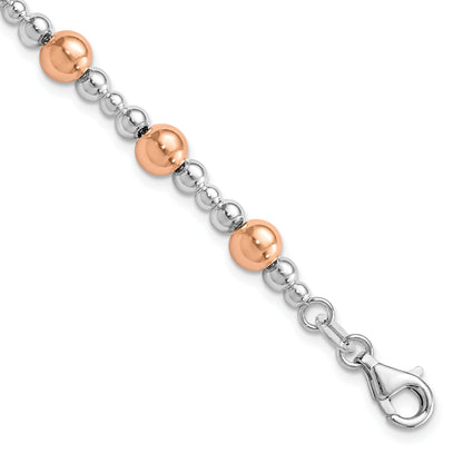Two-Tone Rhodium and Rose Gold Plated Silver Alternating Multi-Size Polished Ball Station Lobster Clasp Beaded Bracelet