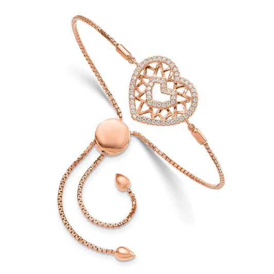 Round White Cubic Zirconia Prong Rose Gold Plated Silver Filigree Double Heart Adjustable Slider Bolo Bracelet