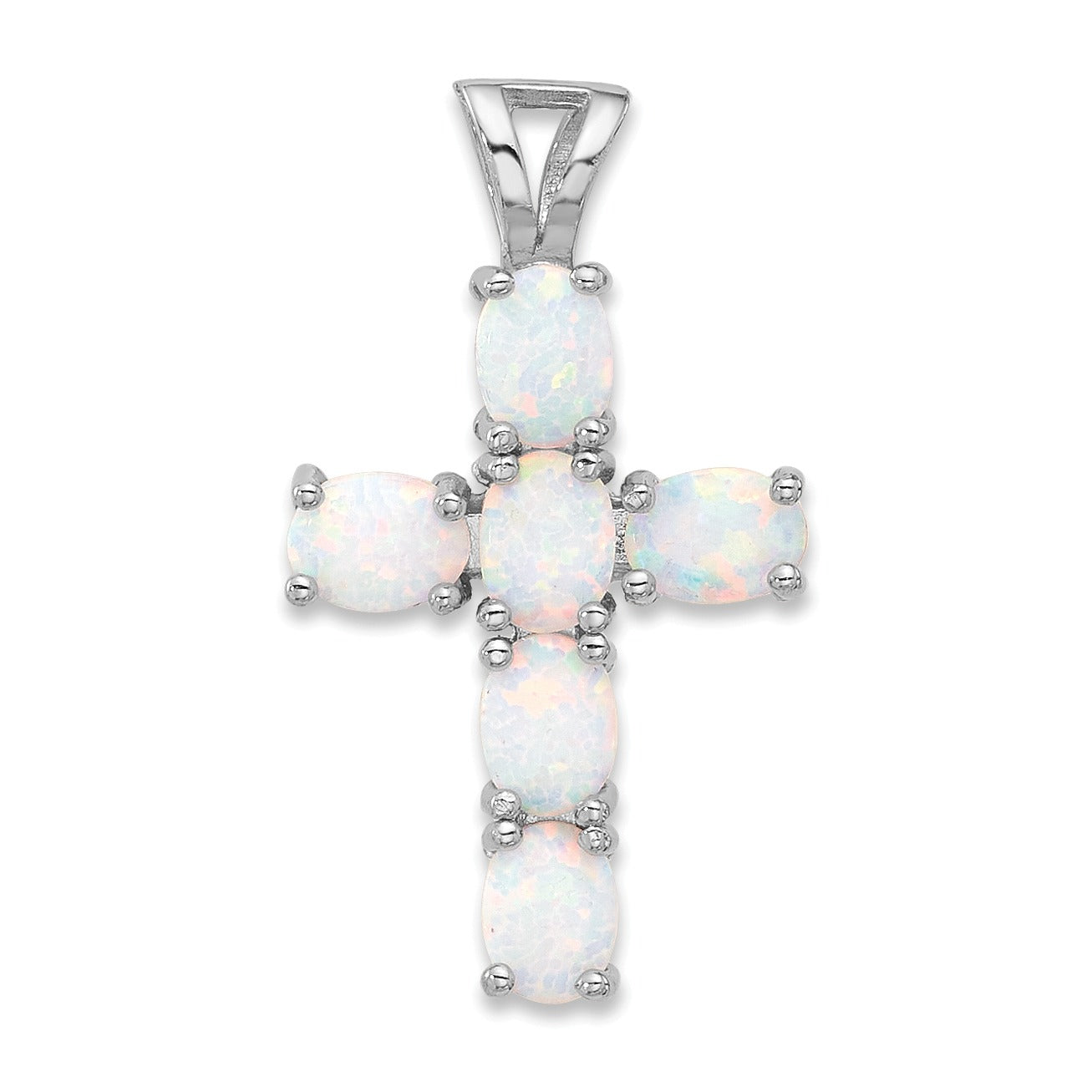 Silver Flash Platinum-plated Created White Opal Cross Pendant
