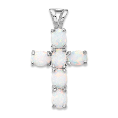 Silver Flash Platinum-plated Created White Opal Cross Pendant
