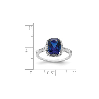 2.3 Ct Cushion Blue Created Sapphire & CZ Prong Rhodium-Plated Silver Halo Pave Band Ring