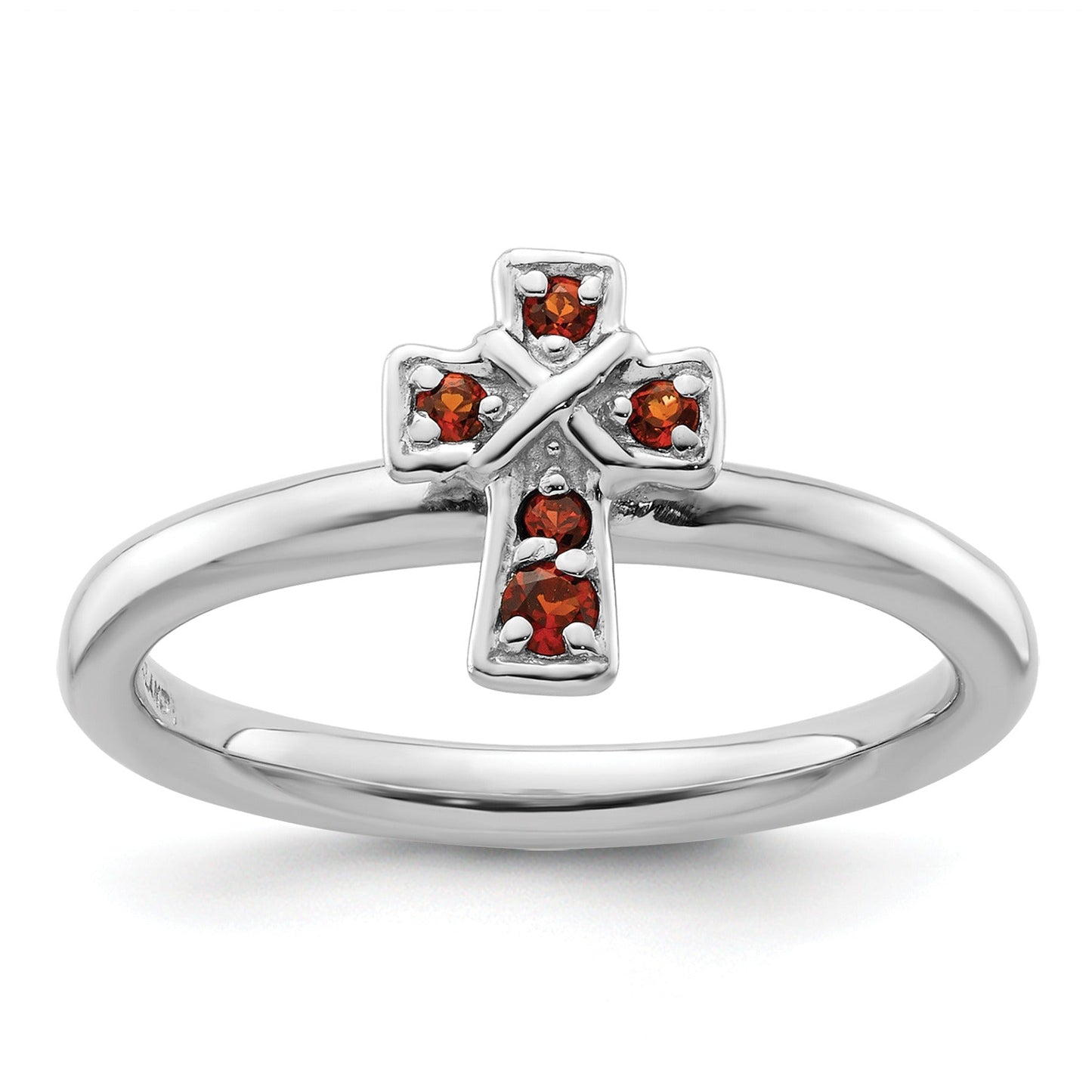 0.15 Ct Round Red Garnet Prong Silver Stackable Cross Ring