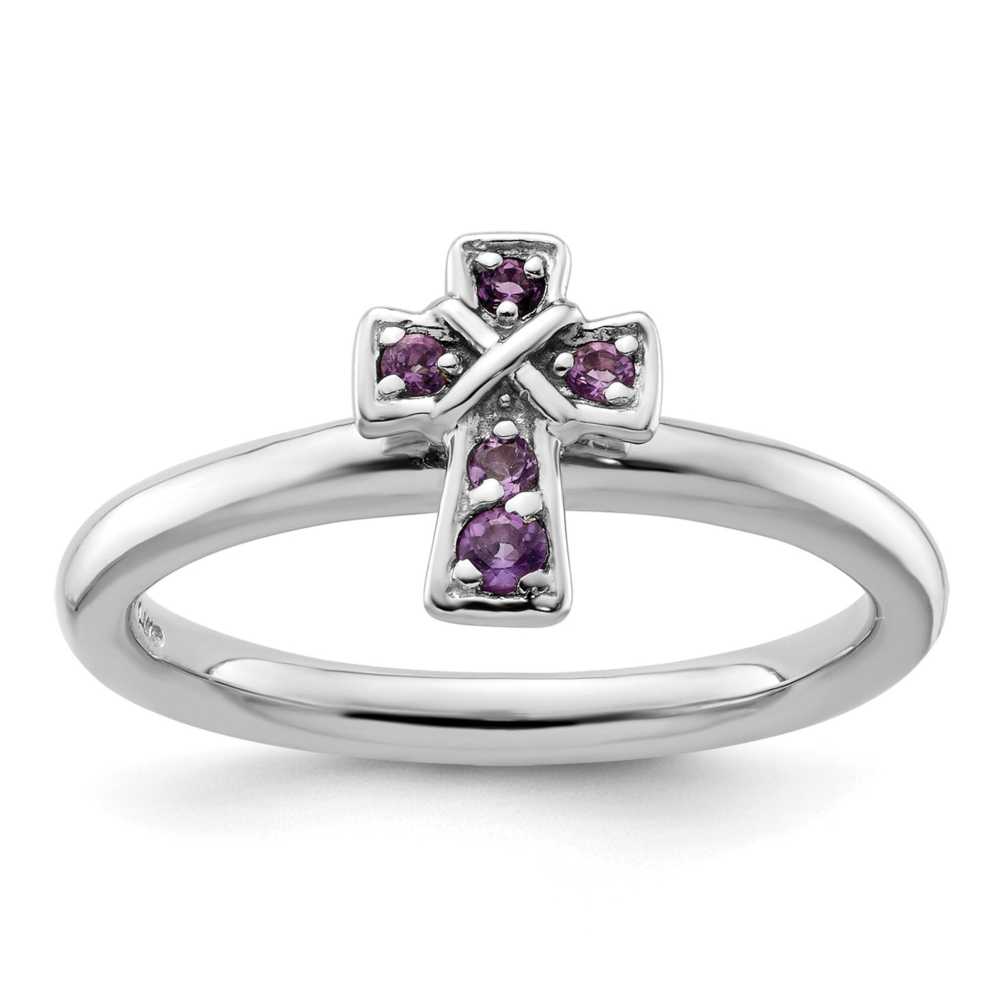 0.018 Ct Round Purple Amethyst Prong Silver Stackable Cross Ring