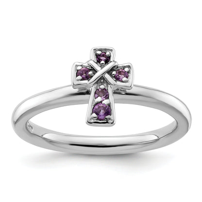 0.018 Ct Round Purple Amethyst Prong Silver Stackable Cross Ring