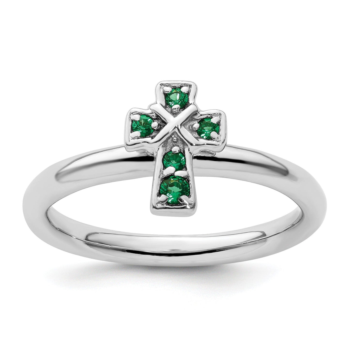 0.04 Ct Round Green Lab Created Emerald Prong Silver Stackable Cross Ring