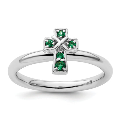 0.04 Ct Round Green Lab Created Emerald Prong Silver Stackable Cross Ring