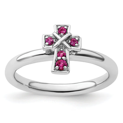 0.14 Ct Round Lab Created Red Ruby Silver Stackable Cross Bezel Ring