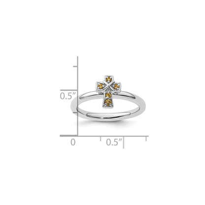 Silver Natural Yellow Citrine Stackable Cross Ring