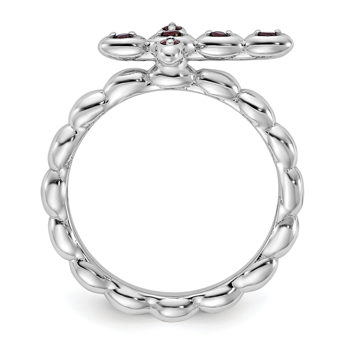 0.14 Ct Round Red Garnet Prong Silver Stackable Cross Ring