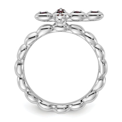 0.14 Ct Round Red Garnet Prong Silver Stackable Cross Ring