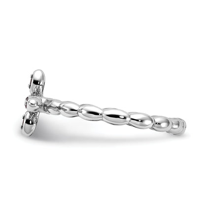 0.14 Ct Round Red Garnet Prong Silver Stackable Cross Ring