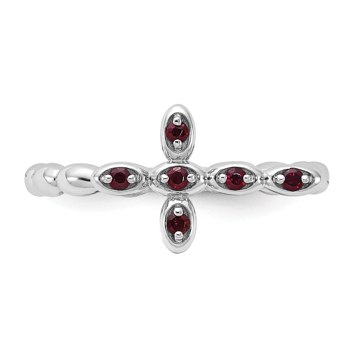 0.14 Ct Round Red Garnet Prong Silver Stackable Cross Ring