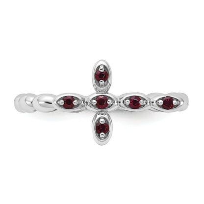 0.14 Ct Round Red Garnet Prong Silver Stackable Cross Ring
