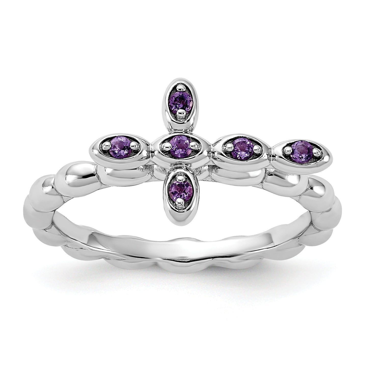 0.10 Ct Round Purple Amethyst Prong Silver Stackable Cross Ring
