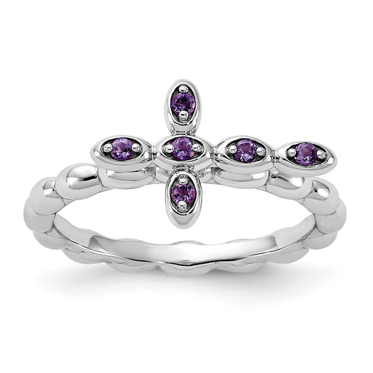 0.10 Ct Round Purple Amethyst Prong Silver Stackable Cross Ring