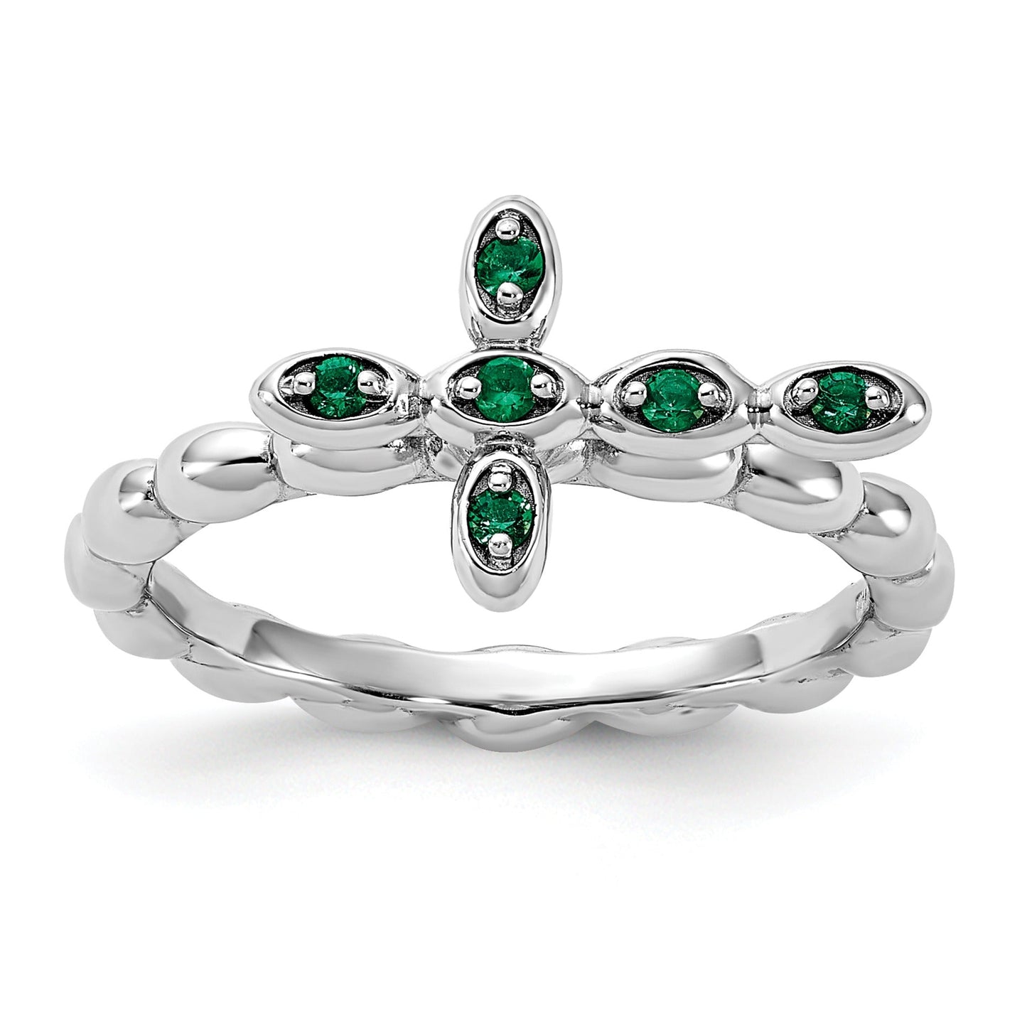 0.01 Ct Round Green Lab Created Emerald Prong Silver Stackable Cross Ring