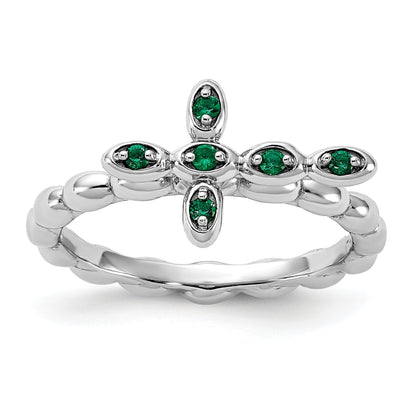 0.01 Ct Round Green Lab Created Emerald Prong Silver Stackable Cross Ring