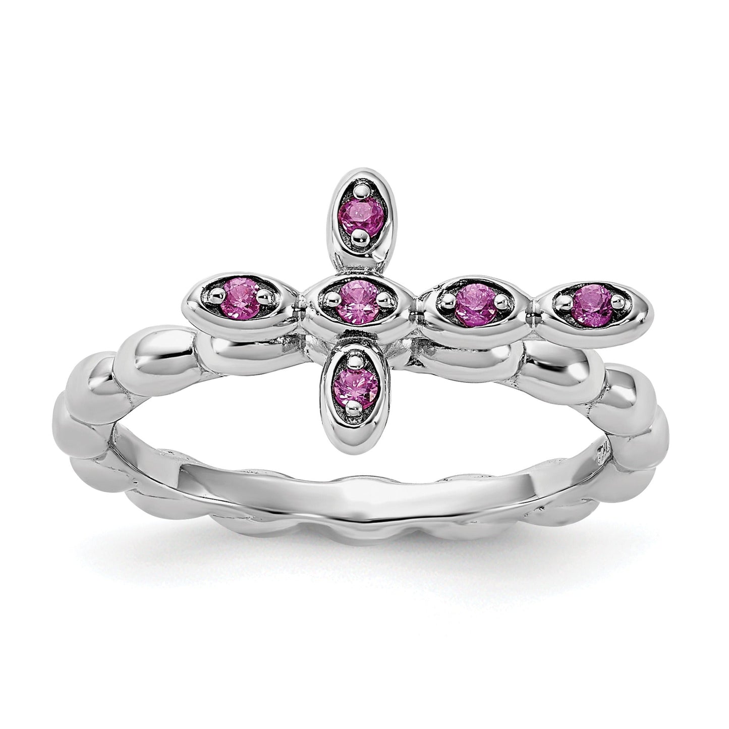 0.14 Ct Round Created Red Ruby Silver Stackable Bezel Cross Ring