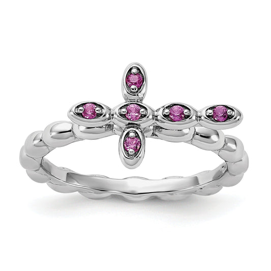 0.14 Ct Round Created Red Ruby Silver Stackable Bezel Cross Ring