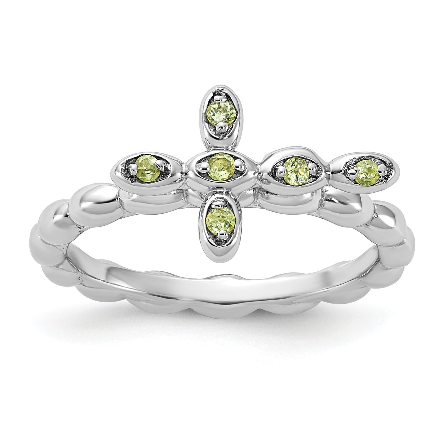 0.09 Ct Round Green Peridot Prong Silver Stackable Cross Ring