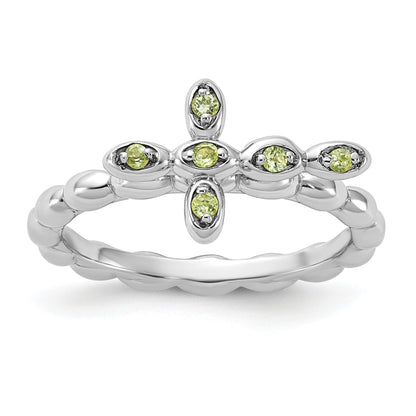 0.09 Ct Round Green Peridot Prong Silver Stackable Cross Ring