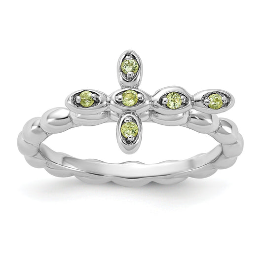 0.09 Ct Round Green Peridot Prong Silver Stackable Cross Ring