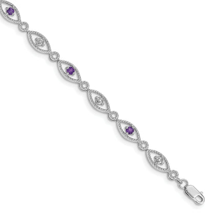 0.35 Ct Round Purple Amethyst & Diamond Prong Sterling Silver Evil Eye Link Bracelet