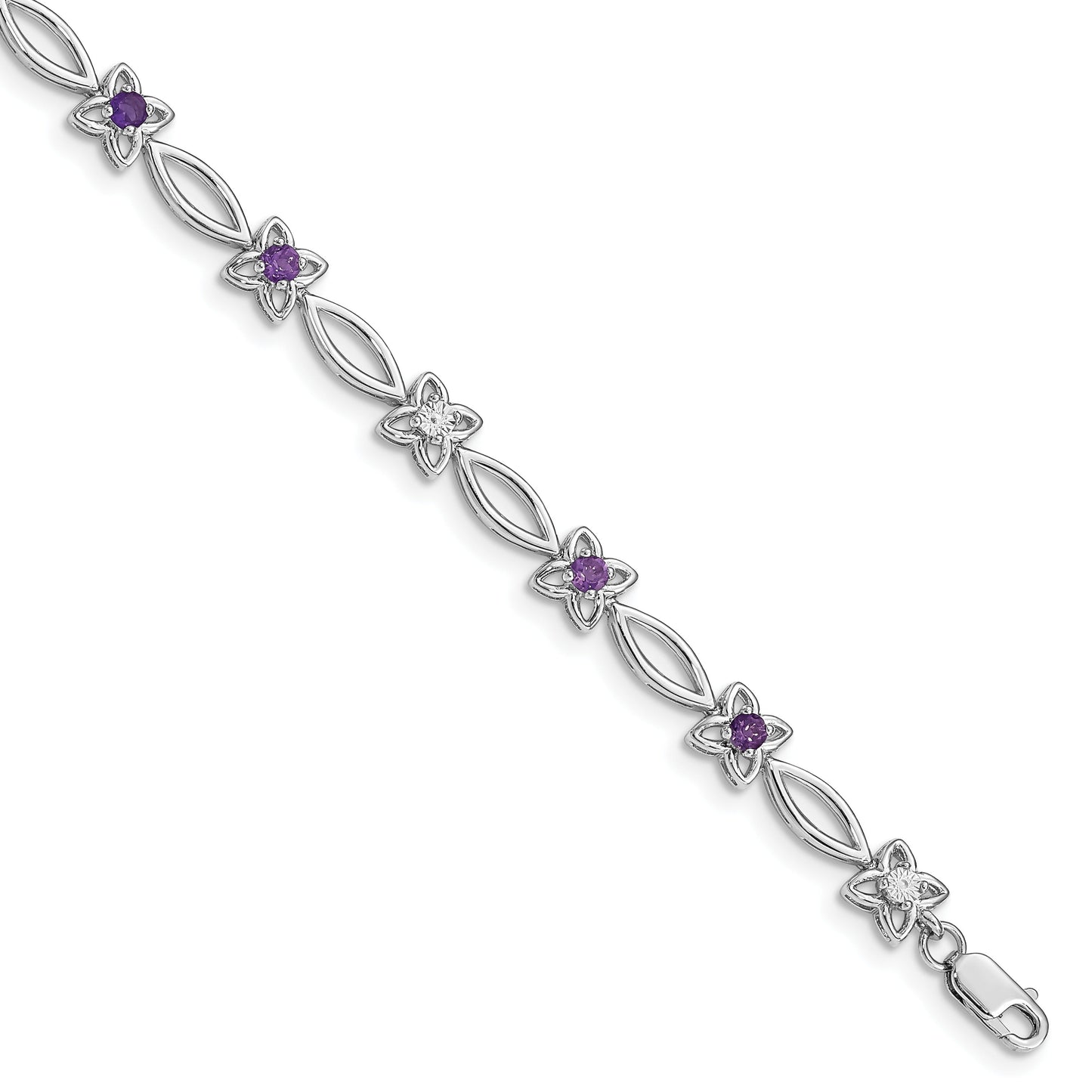 0.47 Ct Round Purple Amethyst & Diamond Prong Sterling Silver Floral Link Bracelet