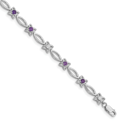 0.47 Ct Round Purple Amethyst & Diamond Prong Sterling Silver Floral Link Bracelet
