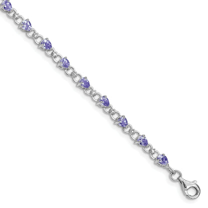 0.13 Ct Pear Violet Tanzanite & Diamond Prong Sterling Silver Link Bracelet