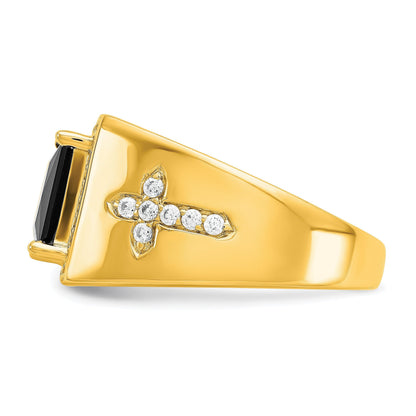 14k Gold 1/2 ct Lab Grown Diamond and Onyx Side Cross Square Men's Ring