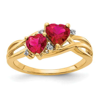 1.648 Ct Double Heart Red Ruby and Lab Diamond Gold Toi et Moi Bypass Ring
