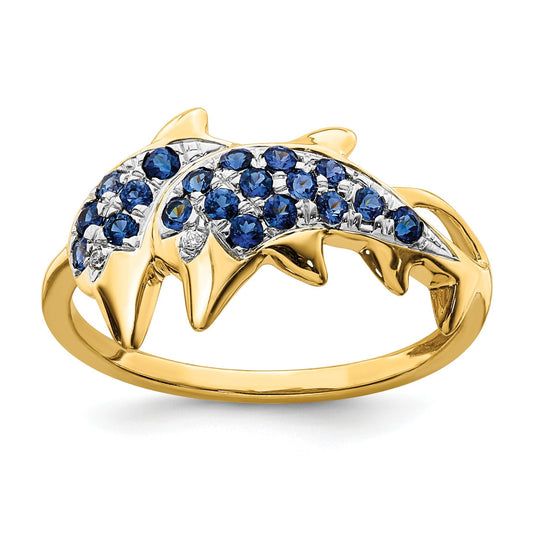 0.57 Ct Blue Sapphire and Diamond Prong 14k Yellow Gold Two Dolphins Ring