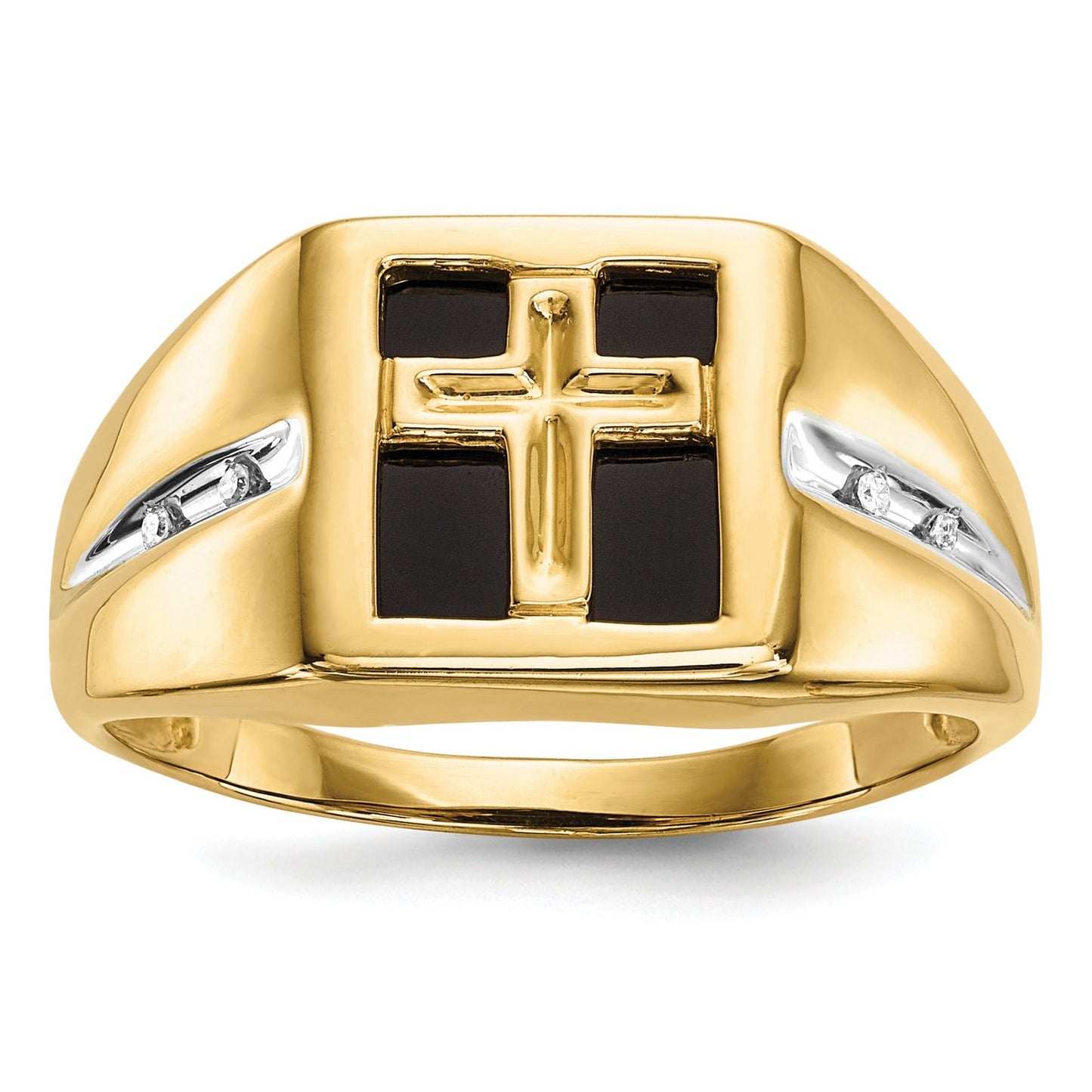 14k Gold Lab Grown Diamond and Onyx Cross Men's Ring