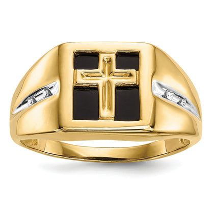 14k Gold Lab Grown Diamond and Onyx Cross Men's Ring