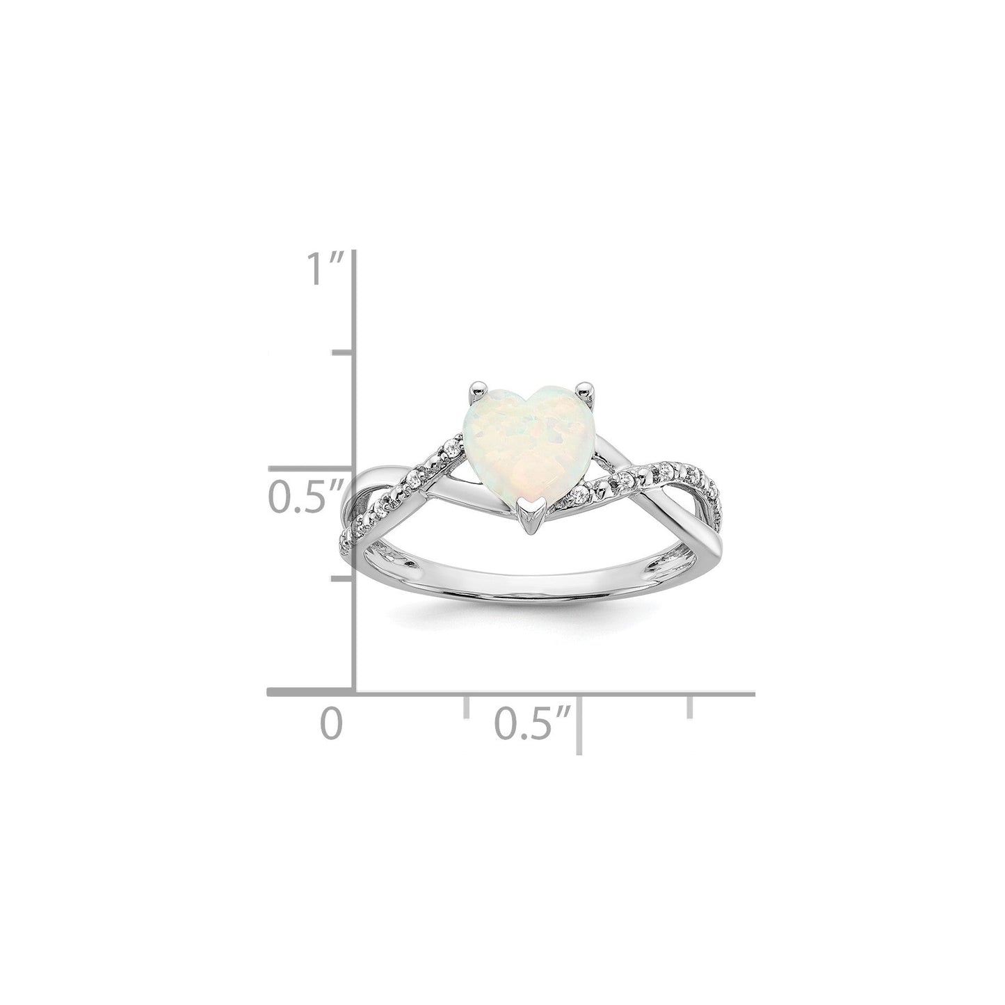 14k White Gold Created Opal and Diamond Pave Heart Ring