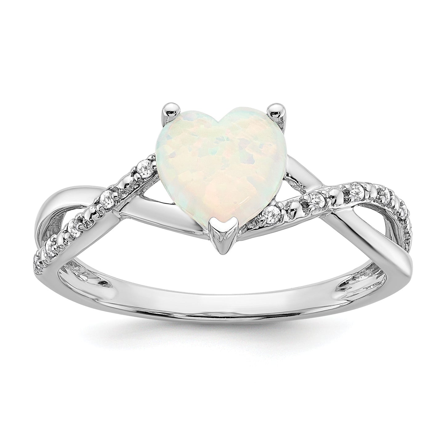 14k White Gold Created Opal and Diamond Pave Heart Ring