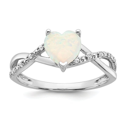 14k White Gold Created Opal and Diamond Pave Heart Ring