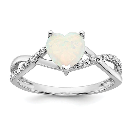 14k White Gold Created Opal and Diamond Pave Heart Ring