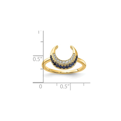 0.25 Ct Round Blue Sapphire & Diamond Pavé 14K Yellow Gold Horseshoe Curved Band Moon Ring
