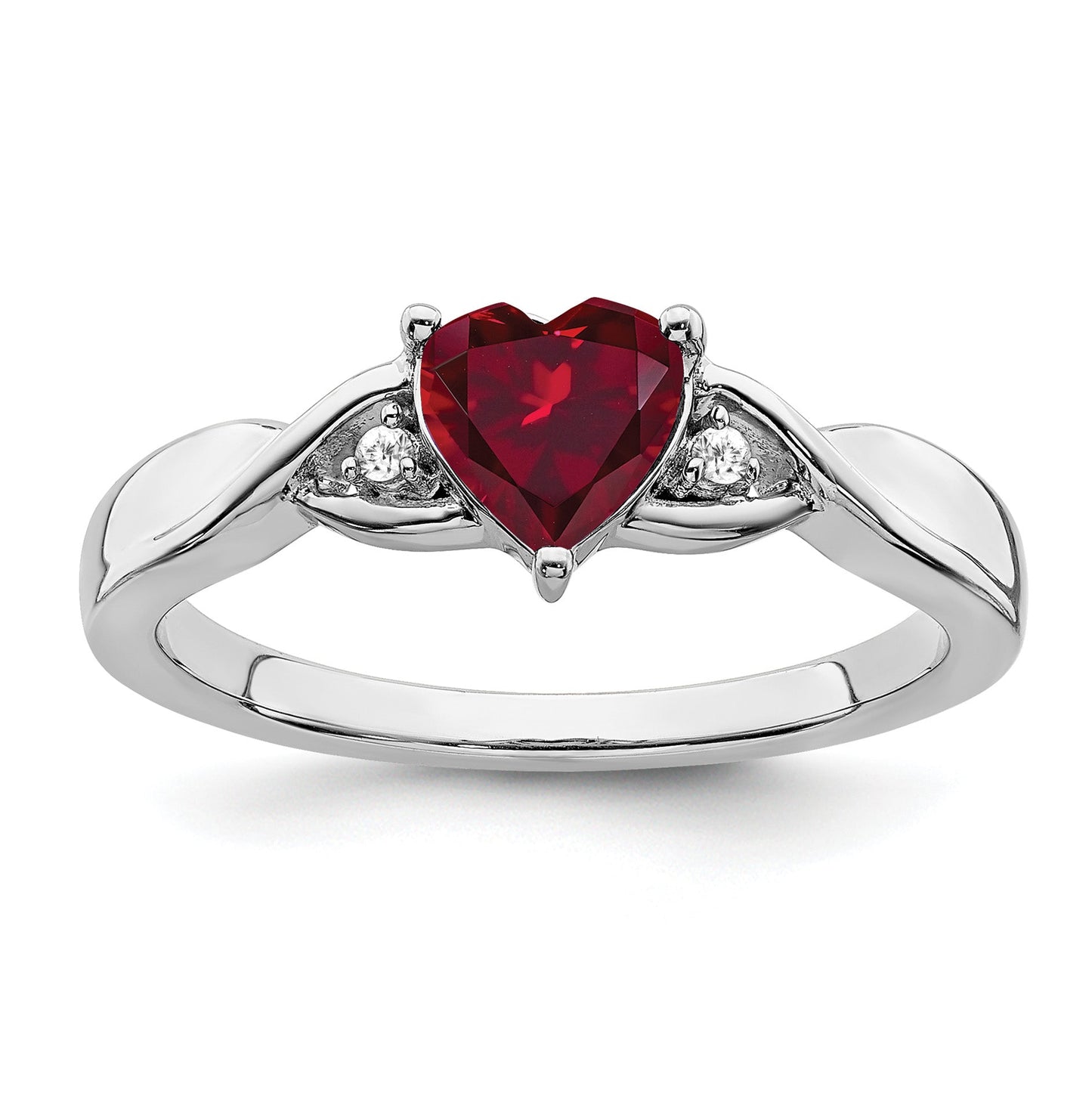 0.77 Ct Heart Gemstone and White Diamond Prong Silver Three Stone Twisted Band Ring