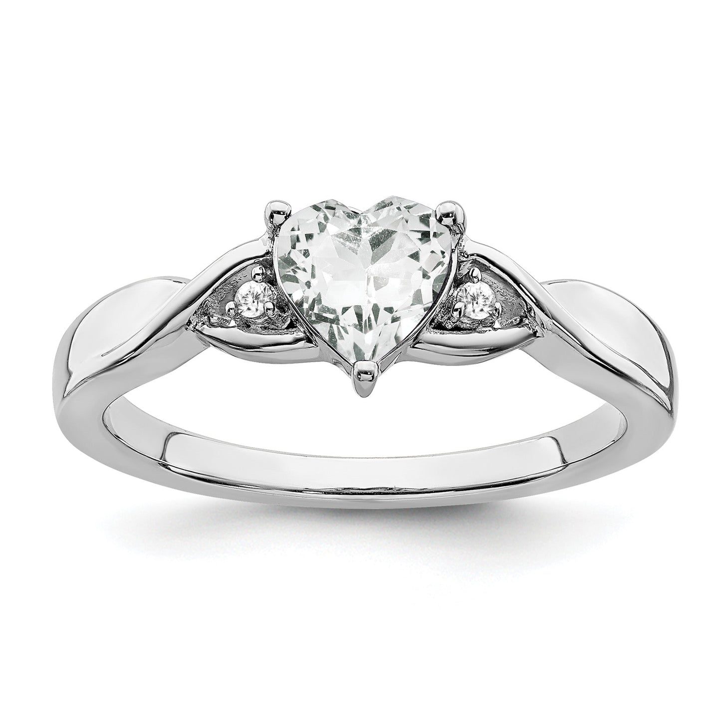0.77 Ct Heart Gemstone and White Diamond Prong Silver Three Stone Twisted Band Ring