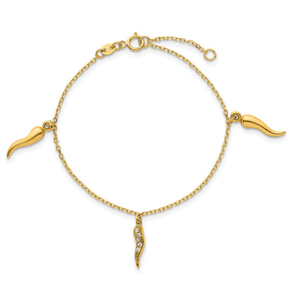Round White Cubic Zirconia Prong 14K Yellow Gold 3 Italian Horn Dangles with Spring Ring Clasp Charm Bracelet