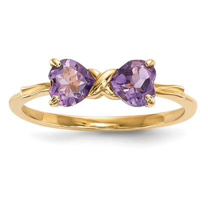 14k Yellow Gold Bow Dual Heart Birthstone Ring