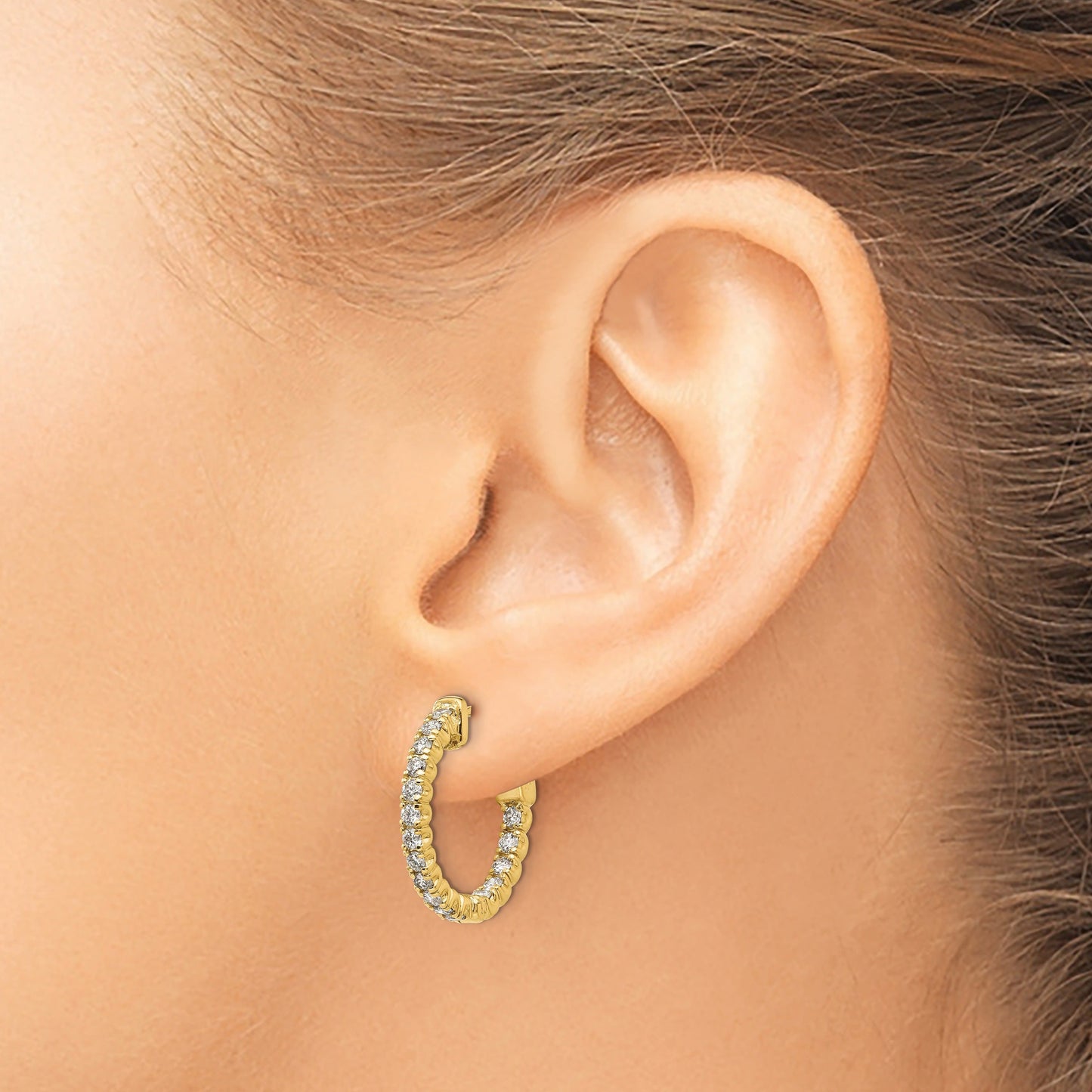 14k Yellow Gold Diamond Round Hoop with Safety Clasp Earrings 1 Ct