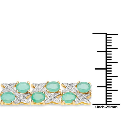 10.08 Ct Oval Green Emerald & Diamond Prong Yellow Gold Plated Silver Two Row X-Link Crossover Bracelet