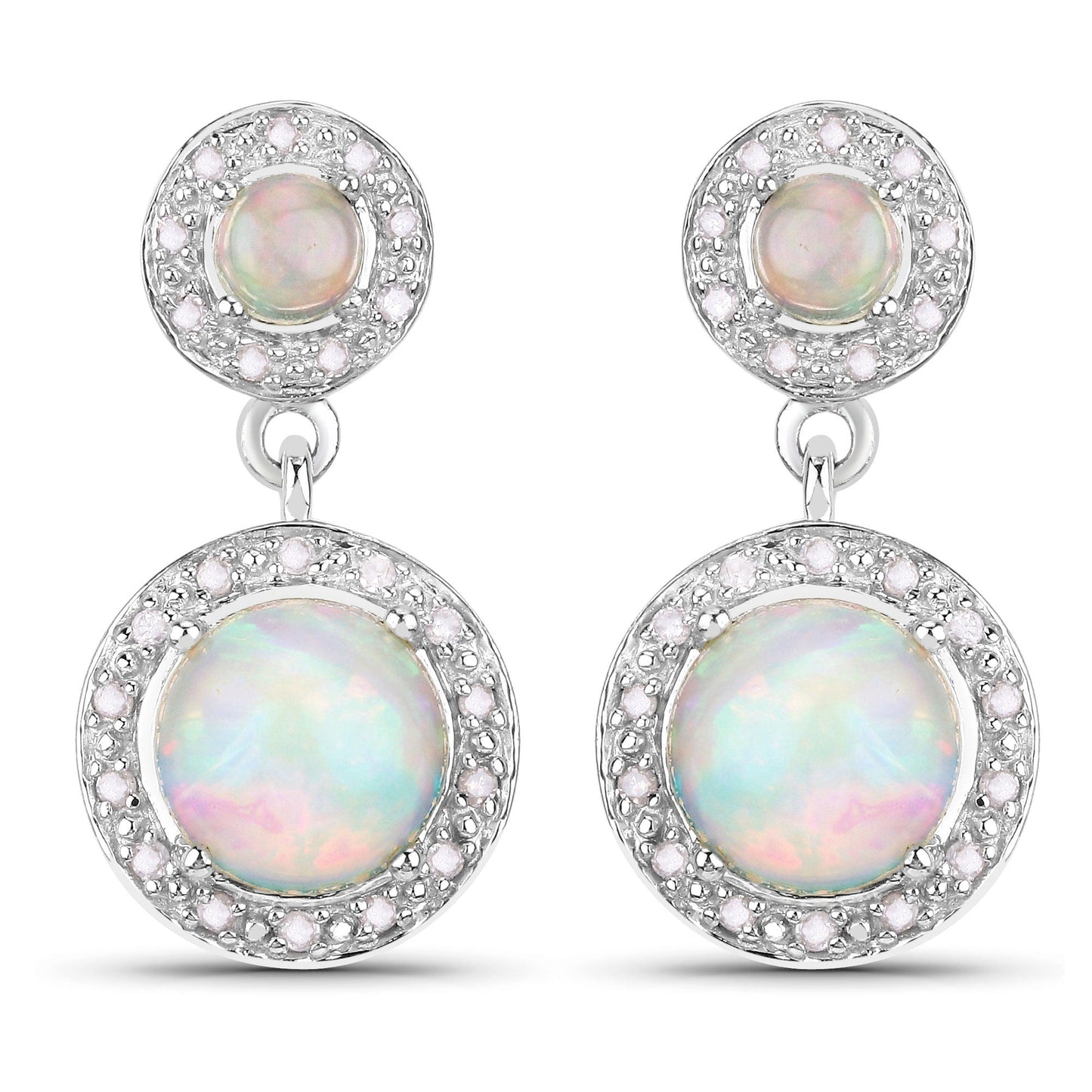 2.02 Ct Round White Ethiopian Opal & Diamond Prong Silver Halo Dangle Earrings