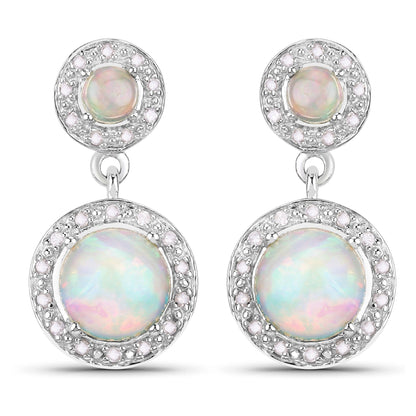 2.02 Ct Round White Ethiopian Opal & Diamond Prong Silver Halo Dangle Earrings
