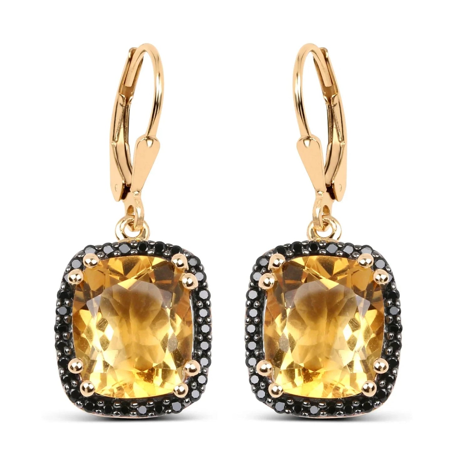 8.90 Ct Yellow Citrine & Black Spinel Prong Silver Leverback Dangle Earrings